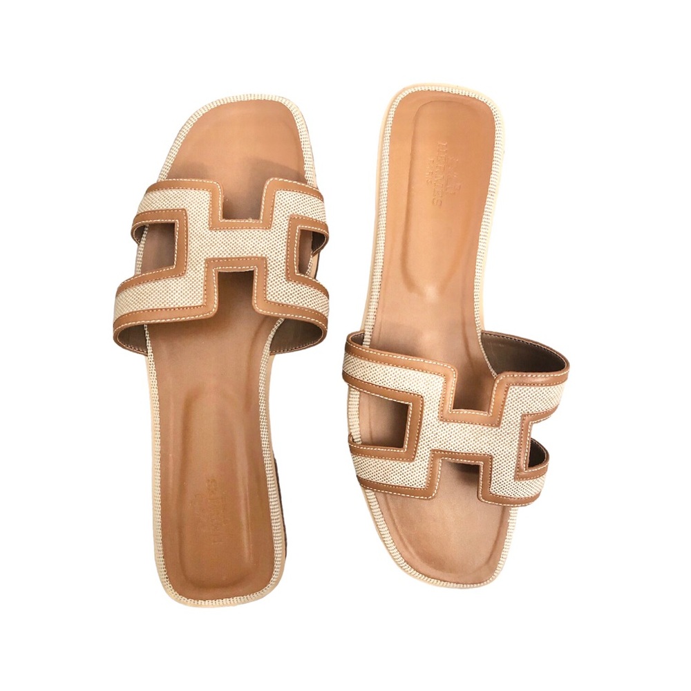 Hermes Noisette/ Beige Dore Toile H Oran Sandals - Picture 2 of 4